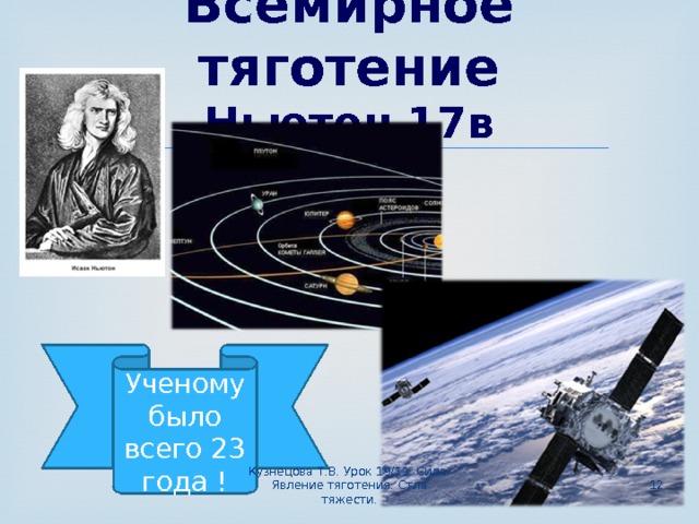 Всемирное тяготение  Ньютон 17в   Ученому было всего 23 года ! Кузнецова Т.В. Урок 19/11. Сила. Явление тяготения. Стла тяжести.  