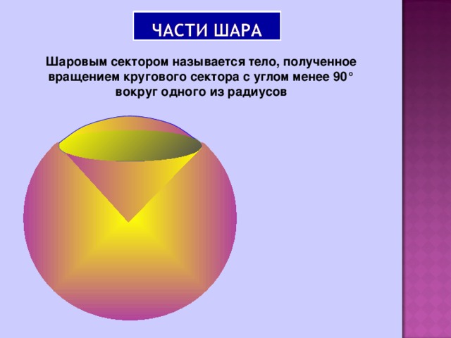 Шаровым сектором называется тело, полученное вращением кругового сектора с углом менее 90 ° вокруг одного из радиусов 
