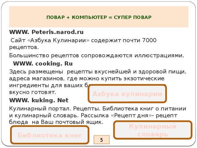   ПОВАР + КОМПЬЮТЕР = СУПЕР ПОВАР   WWW. Peteris.narod.ru  Сайт «Азбука Кулинарии» содержит почти 7000 рецептов. Большинство рецептов сопровождаются иллюстрациями.  WWW. cooking. Ru Здесь размещены рецепты вкуснейшей и здоровой пищи, адреса магазинов, где можно купить экзотические ингредиенты для ваших блюд и описание мест, где вкусно готовят. WWW. kuking. Net Кулинарный портал. Рецепты. Библиотека книг о питании и кулинарный словарь. Рассылка «Рецепт дня»- рецепт блюда на Ваш почтовый ящик.   Азбука кулинарии Кулинарный словарь Библиотека книг 5 