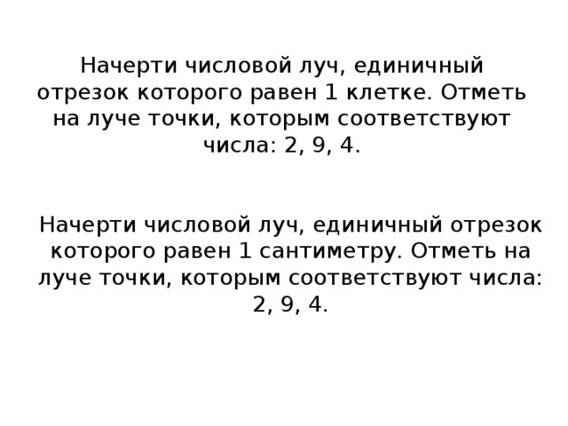 Начерти числовой луч, единичный отрезок которого равен 1 клетке. Отметь на луче точки, которым соответствуют числа: 2, 9, 4. Начерти числовой луч, единичный отрезок которого равен 1 сантиметру. Отметь на луче точки, которым соответствуют числа: 2, 9, 4. 