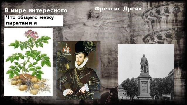 В мире интересного Френсис Дрейк – корсар (пират на службе короля), совершивший кругосветное плавание, победитель испанского флота. В городе Оффенбаху в Германии ему поставили памятник - как человеку давшему Европе Картофель. Что общего межу пиратами и
