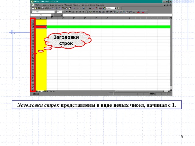 Заголовки строк Заголовки строк представлены в виде целых чисел, начиная с 1.  