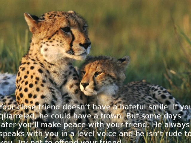 Your close friend doesn’t have a hateful smile. If you quarreled, he could have a frown. But some days later you’ll make peace with your friend. He always speaks with you in a level voice and he isn’t rude to you. Try not to offend your friend.  