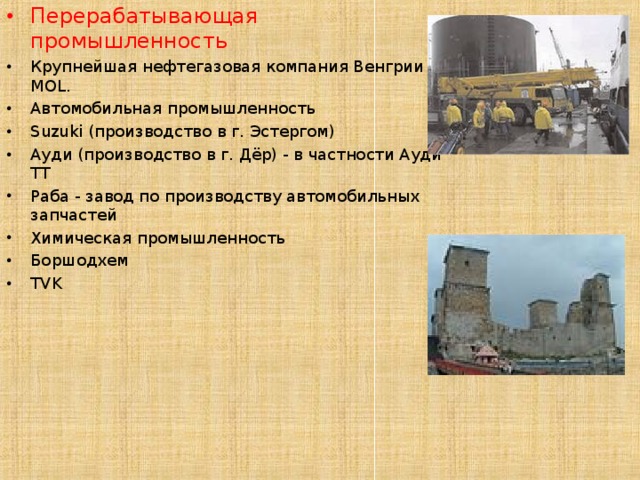 Перерабатывающая промышленность Крупнейшая нефтегазовая компания Венгрии — MOL. Автомобильная промышленность Suzuki (производство в г. Эстергом) Ауди (производство в г. Дёр) - в частности Ауди ТТ Раба - завод по производству автомобильных запчастей Химическая промышленность Боршодхем TVK 