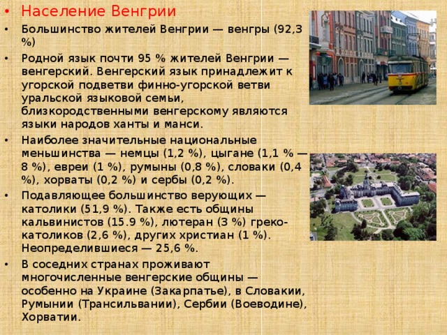 Население Венгрии Большинство жителей Венгрии — венгры (92,3 %) Родной язык почти 95 % жителей Венгрии — венгерский. Венгерский язык принадлежит к угорской подветви финно-угорской ветви уральской языковой семьи, близкородственными венгерскому являются языки народов ханты и манси. Наиболее значительные национальные меньшинства — немцы (1,2 %), цыгане (1,1 % — 8 %), евреи (1 %), румыны (0,8 %), словаки (0,4 %), хорваты (0,2 %) и сербы (0,2 %). Подавляющее большинство верующих — католики (51,9 %). Также есть общины кальвинистов (15.9 %), лютеран (3 %) греко-католиков (2,6 %), других христиан (1 %). Неопределившиеся — 25,6 %. В соседних странах проживают многочисленные венгерские общины — особенно на Украине (Закарпатье), в Словакии, Румынии (Трансильвании), Сербии (Воеводине), Хорватии.  