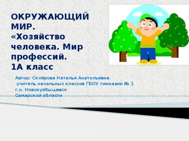 ОКРУЖАЮЩИЙ МИР.  «Хозяйство человека. Мир профессий.  1А класс Автор: Склярова Наталья Анатольевна  учитель начальных классов ГБОУ гимназии № 1 г.о. Новокуйбышевск Самарской области 