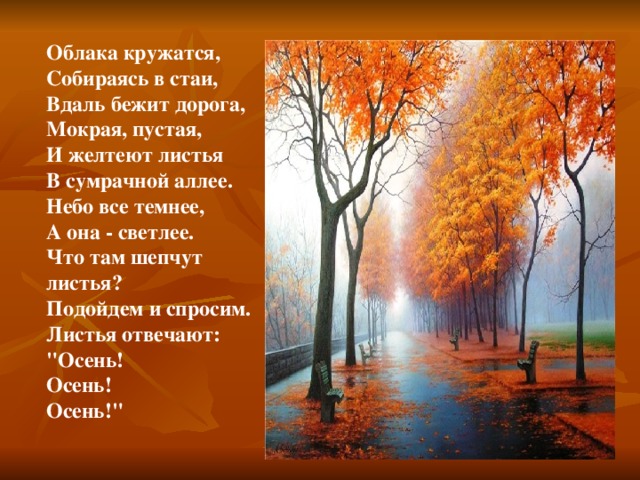 Облака кружатся, Собираясь в стаи, Вдаль бежит дорога, Мокрая, пустая, И желтеют листья В сумрачной аллее. Небо все темнее, А она - светлее. Что там шепчут листья? Подойдем и спросим. Листья отвечают: 