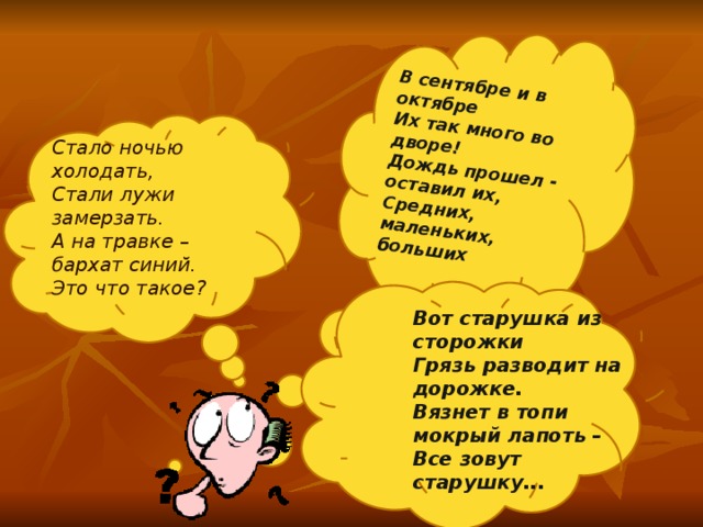    В сентябре и в октябре Их так много во дворе! Дождь прошел - оставил их, Средних, маленьких, больших   и     Стало ночью холодать, Стали лужи замерзать. А на травке – бархат синий. Это что такое? Вот старушка из сторожки Грязь разводит на дорожке. Вязнет в топи мокрый лапоть – Все зовут старушку...    