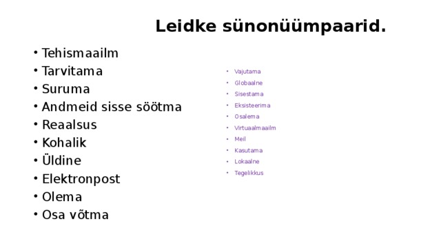  Leidke sünonüümpaarid. Tehismaailm Tarvitama Suruma Andmeid sisse söötma Reaalsus Kohalik Üldine Elektronpost Olema Osa võtma Vajutama Globaalne Sisestama Eksisteerima Osalema Virtuaalmaailm Meil Kasutama Lokaalne Tegelikkus 