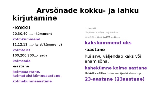  Arvsõnade kokku- ja lahku kirjutamine KOKKU LAHKU 20,30,40..... –kümmend ülejäänud arvsõnad kirjutatakse kolmkümmend 21,22,23... 101,102,103... 1111,... kakskümmend üks 11,12,13.....- teist(kümmend) kolmteist -aastane Kui arvu väljendab kaks või enam sõna. 100,200,300...- sada kahekümne kolme aastane kolmsada Sidekriips või ilma , kui arv on väljendatud numbriga -aastane 23-aastane (23aastane) kolmeaastane, kolmeteistkümneaastane, kolmekümneaastane 