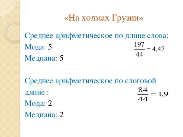«На холмах Грузии» Среднее арифметическое по длине слова: Мода: 5 Медиана: 5 Среднее арифметическое по слоговой длине : Мода: 2 Медиана: 2 