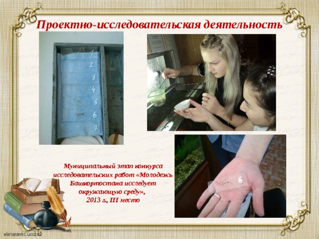 Проектно-исследовательская деятельность Муниципальный этап конкурса исследовательских работ «Молодежь Башкортостана исследует окружающую среду», 2013 г., III место  