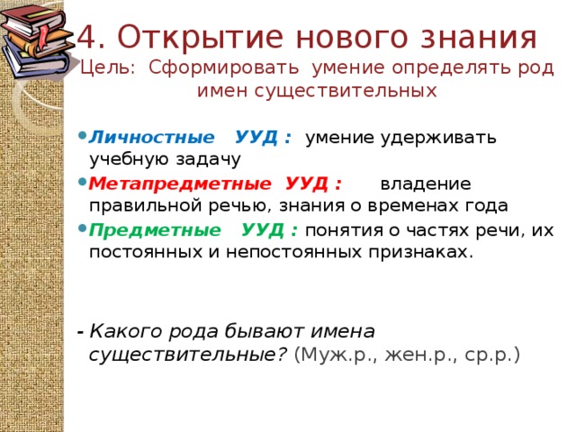 4. Открытие нового знания  Цель: Сформировать умение определять род имен существительных Личностные УУД :  умение удерживать учебную задачу Метапредметные  УУД :  владение правильной речью, знания о временах года Предметные  УУД : понятия о частях речи, их постоянных и непостоянных признаках.   - Какого рода бывают имена существительные? (Муж.р., жен.р., ср.р.) 