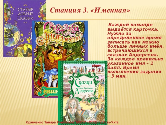 Станция 3. «Именная»  Каждой команде выдаётся карточка. Нужно за определённое время записать как можно больше личных имён, встречающихся в сказках Андерсена. За каждое правильно указанное имя – 1 балл. Время выполнения задания – 3 мин.  Кравченко Тамара Романовна, МБОУ «ООШ» с.Усть-Ухта 