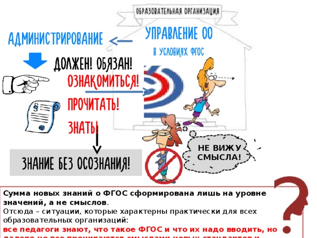 НЕ ВИЖУ СМЫСЛА! Сумма новых знаний о ФГОС сформирована лишь на уровне значений, а не смыслов . Отсюда – ситуации, которые характерны практически для всех образовательных организаций:  все педагоги знают, что такое ФГОС и что их надо вводить, но далеко не все проникаются смыслами новых стандартов и осознают необходимость их введения в практику своей профессиональной деятельности 