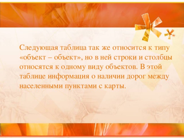  Следующая таблица так же относится к типу «объект – объект», но в ней строки и столбцы относятся к одному виду объектов. В этой таблице информация о наличии дорог между населенными пунктами с карты. 