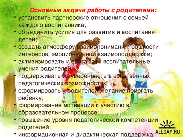  Основные задачи работы с родителями: установить партнерские отношения с семьей каждого воспитанника; объединить усилия для развития и воспитания детей; создать атмосферу взаимопонимания, общности интересов, эмоциональной взаимоподдержки; активизировать и обогащать воспитательные умения родителей; поддерживать их уверенность в собственных педагогических возможностях сформировать у родителей желание помогать ребенку; формирование мотивации к участию в образовательном процессе; повышение уровня педагогической компетенции родителей; информационная и дидактическая поддержка семьи. 