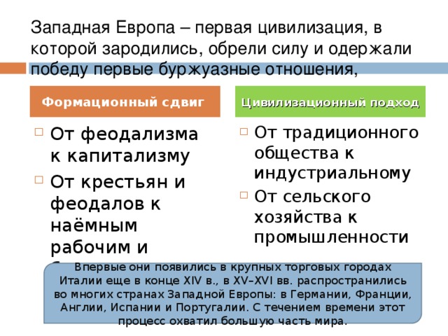Западная Европа – первая цивилизация, в которой зародились, обрели силу и одержали победу первые буржуазные отношения, Формационный сдвиг Цивилизационный подход От феодализма к капитализму От крестьян и феодалов к наёмным рабочим и буржуазии От традиционного общества к индустриальному От сельского хозяйства к промышленности Впервые они появились в крупных торговых городах Италии еще в конце XIV в., в XV–XVI вв. распространились во многих странах Западной Европы: в Германии, Франции, Англии, Испании и Португалии. С течением времени этот процесс охватил большую часть мира. 