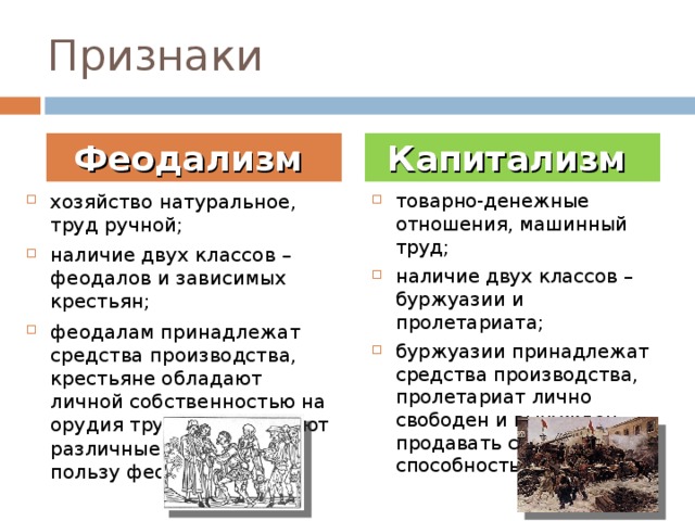 Признаки Феодализм Капитализм хозяйство натуральное, труд ручной; наличие двух классов – феодалов и зависимых крестьян; феодалам принадлежат средства производства, крестьяне обладают личной собственностью на орудия труда и выполняют различные повинности в пользу феодалов. товарно-денежные отношения, машинный труд; наличие двух классов – буржуазии и пролетариата; буржуазии принадлежат средства производства, пролетариат лично свободен и вынужден продавать свою способность к труду 