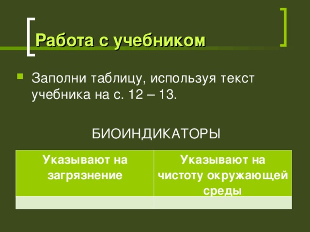Работа с учебником Заполни таблицу, используя текст учебника на с. 12 – 13.  БИОИНДИКАТОРЫ Указывают на загрязнение Указывают на чистоту окружающей среды 