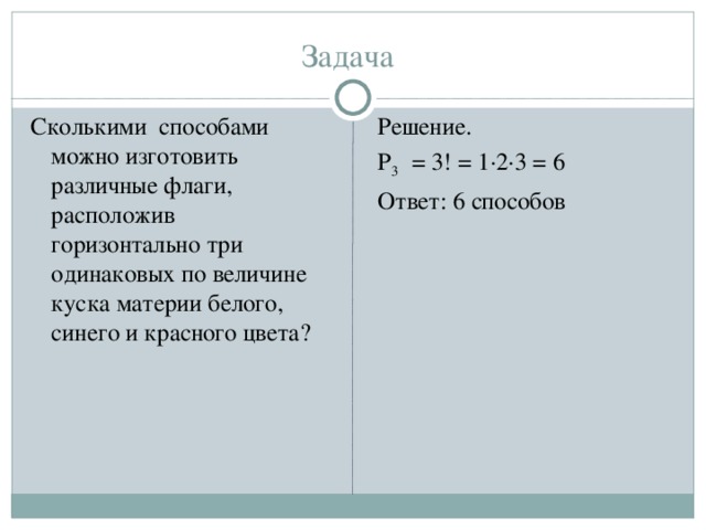 Задача  Сколькими способами можно изготовить различные флаги, расположив горизонтально три одинаковых по величине куска материи белого, синего и красного цвета? Решение. Р 3 = 3! = 1∙2∙3 = 6 Ответ: 6 способов 