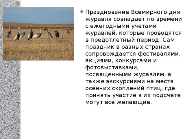Празднование Всемирного дня журавля совпадает по времени с ежегодными учетами журавлей, которые проводятся в предотлетный период. Сам праздник в разных странах сопровождается фестивалями, акциями, конкурсами и фотовыставками, посвященными журавлям, а также экскурсиями на места осенних скоплений птиц, где принять участие в их подсчете могут все желающие.    