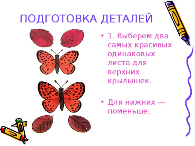 ПОДГОТОВКА ДЕТАЛЕЙ  1. Выберем два самых красивых одинаковых листа для верхних крылышек.  Для нижних — поменьше. 
