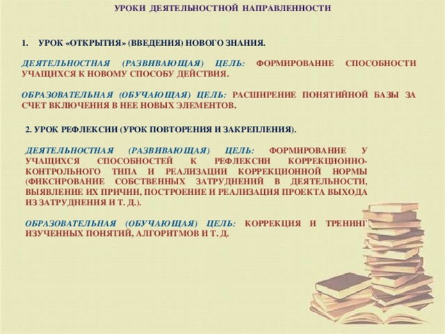 Уроки деятельностной направленности        Урок «открытия» (введения) нового знания.  Деятельностная (развивающая) цель:  формирование способности учащихся к новому способу действия.  Образовательная (обучающая) цель: расширение понятийной базы за счет включения в нее новых элементов. 2. Урок рефлексии (урок повторения и закрепления).  Деятельностная (развивающая) цель:  формирование у учащихся способностей к рефлексии коррекционно-контрольного типа и реализации коррекционной нормы (фиксирование собственных затруднений в деятельности, выявление их причин, построение и реализация проекта выхода из затруднения и т. д.).  Образовательная (обучающая) цель:  коррекция и тренинг изученных понятий, алгоритмов и т. д.