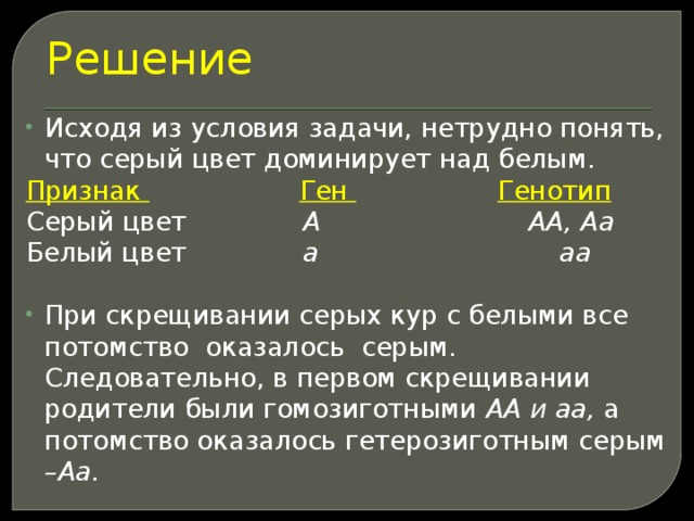 Решение Исходя из условия задачи, нетрудно понять, что серый цвет доминирует над белым. Признак  Ген  Генотип Серый цвет А АА, Аа Белый цвет а аа При скрещивании серых кур с белыми все потомство оказалось серым. Следовательно, в первом скрещивании родители были гомозиготными АА и аа, а потомство оказалось гетерозиготным серым –Аа. 