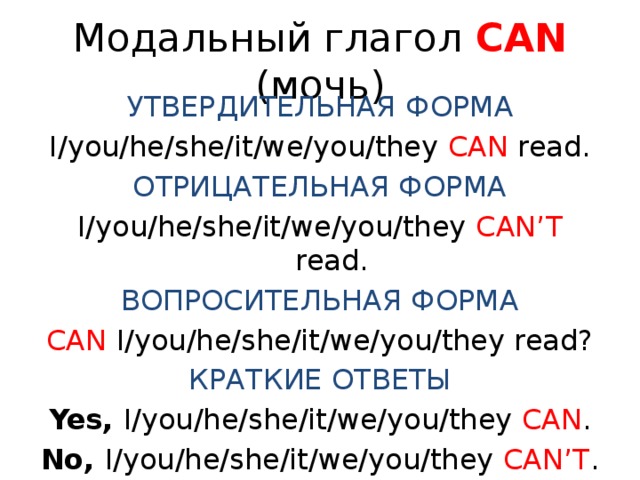Модальный глагол CAN (мочь) УТВЕРДИТЕЛЬНАЯ ФОРМА I/you/he/she/it/we/you/they CAN read. ОТРИЦАТЕЛЬНАЯ ФОРМА I/you/he/she/it/we/you/they CAN’T read. ВОПРОСИТЕЛЬНАЯ ФОРМА CAN I/you/he/she/it/we/you/they read? КРАТКИЕ ОТВЕТЫ Yes, I/you/he/she/it/we/you/they CAN . No, I/you/he/she/it/we/you/they CAN’T . 