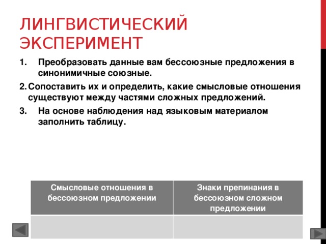 Лингвистический эксперимент Преобразовать данные вам бессоюзные предложения в синонимичные союзные. Сопоставить их и определить, какие смысловые отношения существуют между частями сложных предложений. На основе наблюдения над языковым материалом заполнить таблицу.    Смысловые отношения в бессоюзном предложении Знаки препинания в бессоюзном сложном предложении 