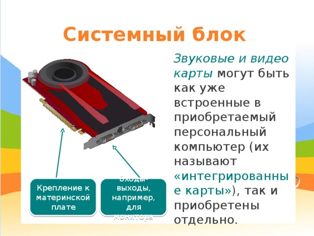 Системный блок Звуковые и видео карты могут быть как уже встроенные в приобретаемый персональный компьютер (их называют «интегрированные карты» ),  так и приобретены отдельно. Крепление к материнской плате Входы-выходы, например, для монитора 