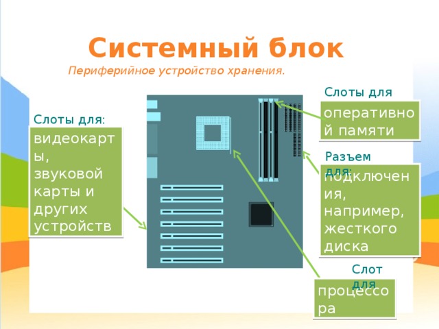 Системный блок Периферийное устройство хранения. Слоты для оперативной памяти Слоты для: видеокарты, звуковой карты и других устройств Разъем для: подключения, например, жесткого диска Слот для процессора 