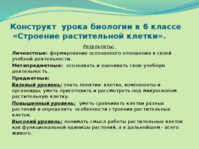 Конструкт урока биологии в 6 классе  «Строение растительной клетки». Результаты: Личностные: формирование осознанного отношения к своей учебной деятельности. Метапредметные: осознавать и оценивать свою учебную деятельность. Предметные: Базовый уровень: знать понятия: клетка, компоненты и органоиды; уметь приготовить и рассмотреть под микроскопом растительную клетку. Повышенный уровень: уметь сравнивать клетки разных растений и определять особенности строения растительных клеток. Высокий уровень: понимать смысл работы растительных клеток как функциональной единицы растений, а в дальнейшем - всего живого. 