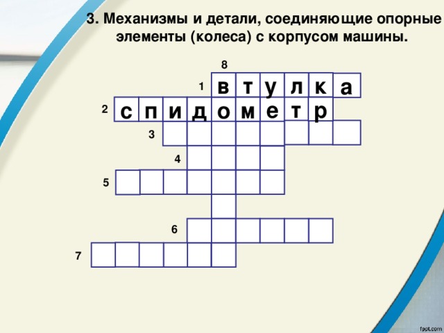 3. Механизмы и детали, соединяющие опорные элементы (колеса) с корпусом машины. 8  т у в л к а 1 т е п с м и д р о 2         3     4        5        6        7 