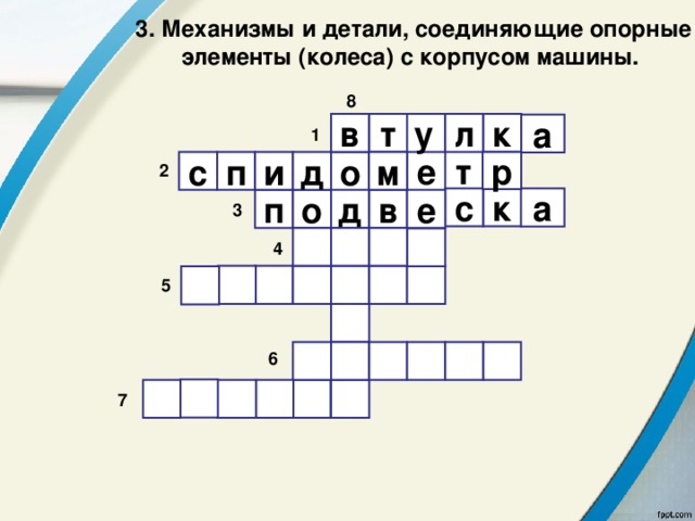 3. Механизмы и детали, соединяющие опорные элементы (колеса) с корпусом машины. 8  т у в л к а 1 т е п с м и д р о 2 к с а д е в о п 3     4        5        6        7 