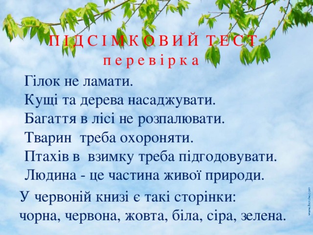 П І Д С І М К О В И Й Т Е С Т п е р е в і р к а Гілок не ламати. Кущі та дерева насаджувати. Багаття в лісі не розпалювати. Тварин треба охороняти. Птахів в взимку треба підгодовувати. Людина - це частина живої природи. У червоній книзі є такі сторінки: чорна, червона, жовта, біла, сіра, зелена.