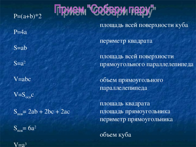 P =( a + b )*2 P =4 a S = ab S = a 2 V = abc V = S осн c S пов = 2 ab + 2 bc + 2 ac S пов = 6 a 2 V = a 3 площадь всей поверхности куба периметр квадрата площадь всей поверхности прямоугольного параллелепипеда объем прямоугольного параллелепипеда площадь квадрата площадь прямоугольника периметр прямоугольника объем куба 