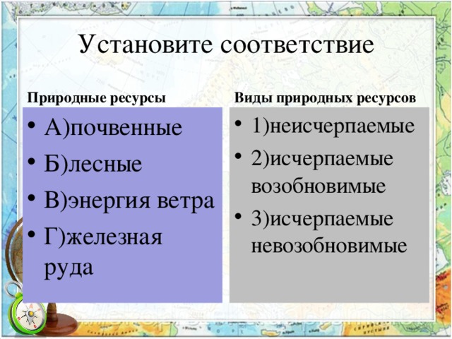 Установите соответствие Природные ресурсы Виды природных ресурсов А)почвенные Б)лесные В)энергия ветра Г)железная руда 1)неисчерпаемые 2)исчерпаемые возобновимые 3)исчерпаемые невозобновимые 