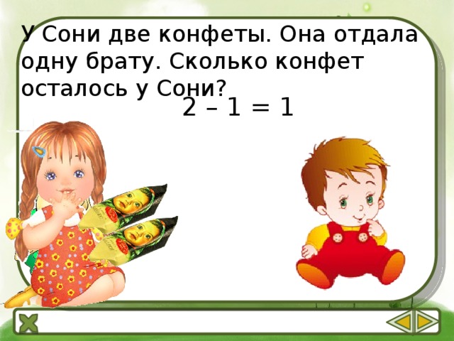 У Сони две конфеты. Она отдала одну брату. Сколько конфет осталось у Сони? 2 – 1 = 1 
