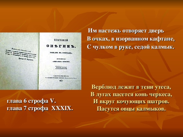  Им настежь отворяет дверь В очках, в изорванном кафтане, С чулком в руке, седой калмык.  Верблюд лежит в тени утеса,  В лугах пасется конь черкеса,  И вкруг кочующих шатров.  Пасутся овцы калмыков. глава 6 строфа V . глава 7 строфа XXXIX . 