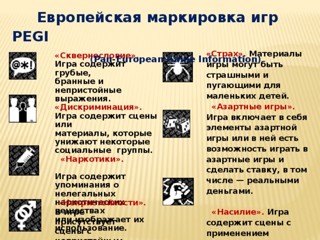  Европейская маркировка игр PEGI    ( Pan-European Game Information)  «Страх». Материалы игры могут быть страшными и пугающими для маленьких детей.  «Азартные игры». Игра включает в себя элементы азартной игры или в ней есть возможность играть в азартные игры и сделать ставку, в том числе — реальными деньгами.   «Насилие». Игра содержит сцены с применением насилия. «Сквернословие». Игра содержит грубые, бранные и непристойные выражения. «Дискриминация». Игра содержит сцены или материалы, которые унижают некоторые социальные группы.  «Наркотики». Игра содержит упоминания о нелегальных наркотических веществах или изображает их использование.  «Непристойности». В игре присутствует сцены с непристойным поведением. 