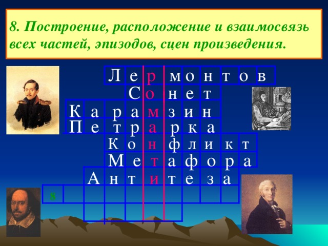 8. Построение, расположение и взаимосвязь всех частей, эпизодов, сцен произведения. Л е р м о н т о в С о н е т К а р а м з и н П е т р а р к а К о н ф л и к т М е т а ф о р а А н т и т е з а 8 