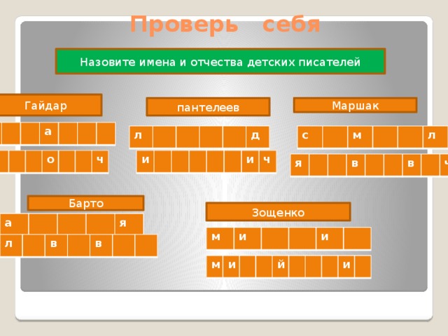 Проверь себя Назовите имена и отчества детских писателей Гайдар пантелеев Маршак а а с л м д л и п о и ч ч я в в ч Барто Зощенко а я м и и л в в м и й и 