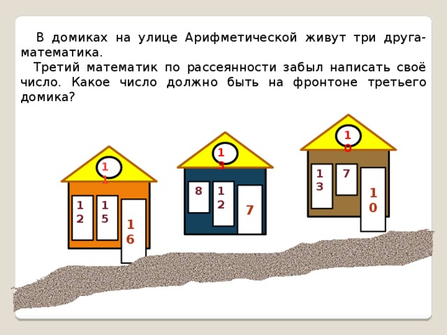  В домиках на улице Арифметической живут три друга-математика.  Третий математик по рассеянности забыл написать своё число. Какое число должно быть на фронтоне третьего домика?  10 13 11 7 13    10  8 12    7  12 15    16  