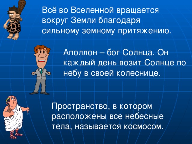 Всё во Вселенной вращается вокруг Земли благодаря сильному земному притяжению. Аполлон – бог Солнца. Он каждый день возит Солнце по небу в своей колеснице. Пространство, в котором расположены все небесные тела, называется космосом.  