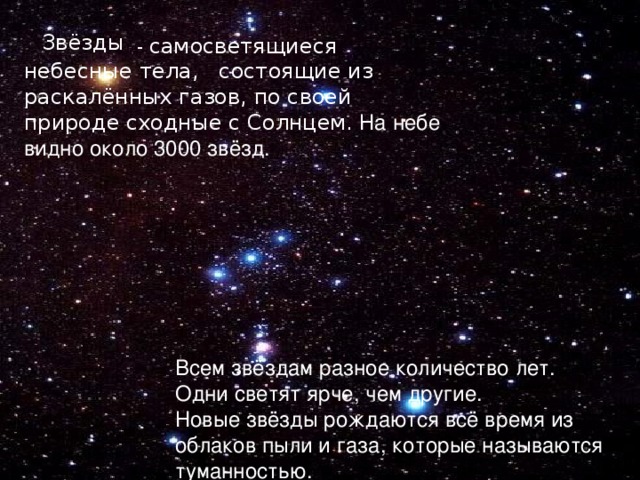 Звёзды   - самосветящиеся небесные тела, состоящие из раскалённых газов, по своей природе сходные с Солнцем. На небе видно около 3000 звёзд. Всем звёздам разное количество лет. Одни светят ярче, чем другие. Новые звёзды рождаются всё время из облаков пыли и газа, которые называются туманностью.  