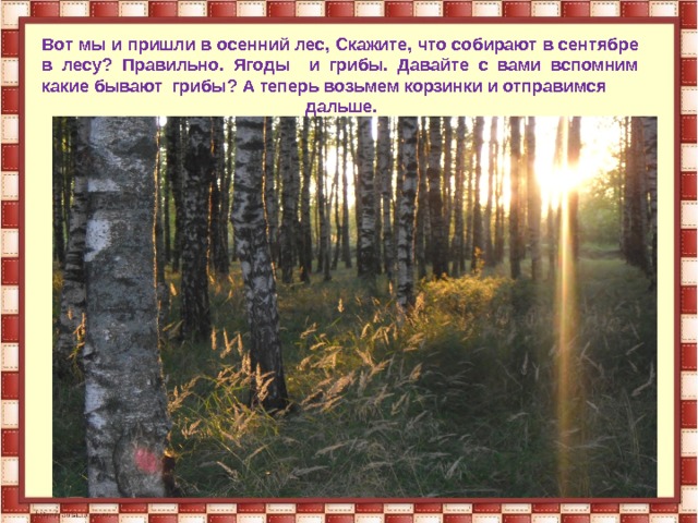 Вот мы и пришли в осенний лес, Скажите, что собирают в сентябре в лесу? Правильно. Ягоды и грибы. Давайте с вами вспомним какие бывают грибы? А теперь возьмем корзинки и отправимся  дальше. 