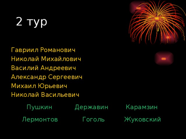 Гавриил Романович  Николай Михайлович Василий Андреевич Александр Сергеевич Михаил Юрьевич Николай Васильевич Державин Пушкин Карамзин Жуковский Гоголь Лермонтов 