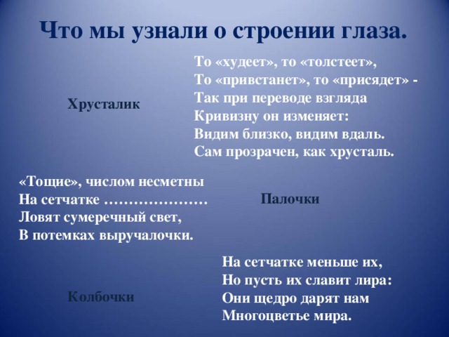 Что мы узнали о строении глаза. То «худеет», то «толстеет», То «привстанет», то «присядет» - Так при переводе взгляда Кривизну он изменяет: Видим близко, видим вдаль. Сам прозрачен, как хрусталь. Хрусталик «Тощие», числом несметны На сетчатке ………………… Ловят сумеречный свет, В потемках выручалочки. Палочки На сетчатке меньше их, Но пусть их славит лира: Они щедро дарят нам Многоцветье мира. Колбочки 